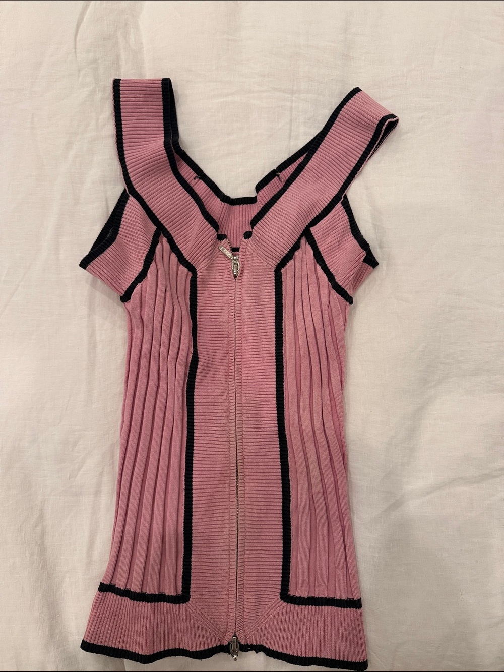 Cache Pink Ribbed Zip-Front Tank with Black Trim